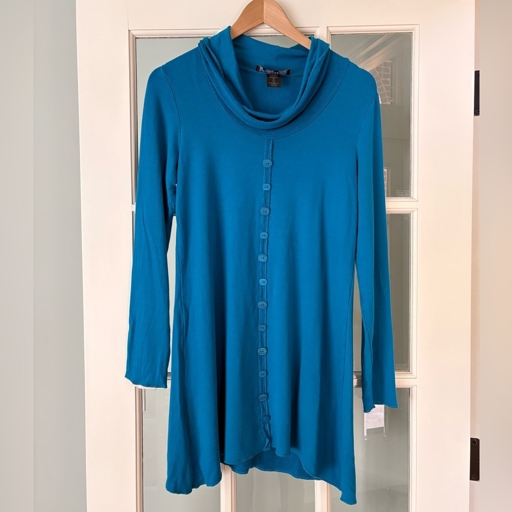 Boutique Cowl Neck Tunic Dress Teal Long Sleeve Button-Down | Small
